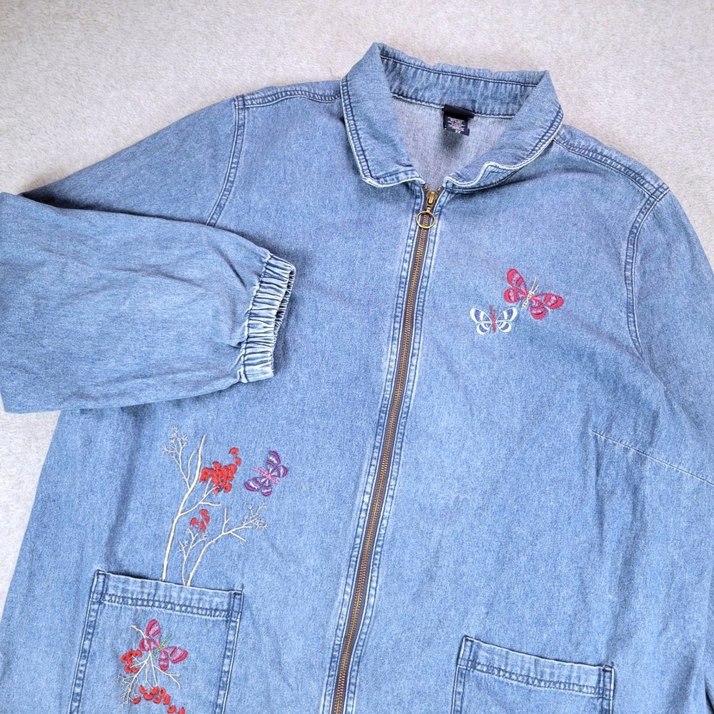 Basic Editions Denim Jacket Womens 3X Blue Butterfly Embroidered Zip Up Pocket